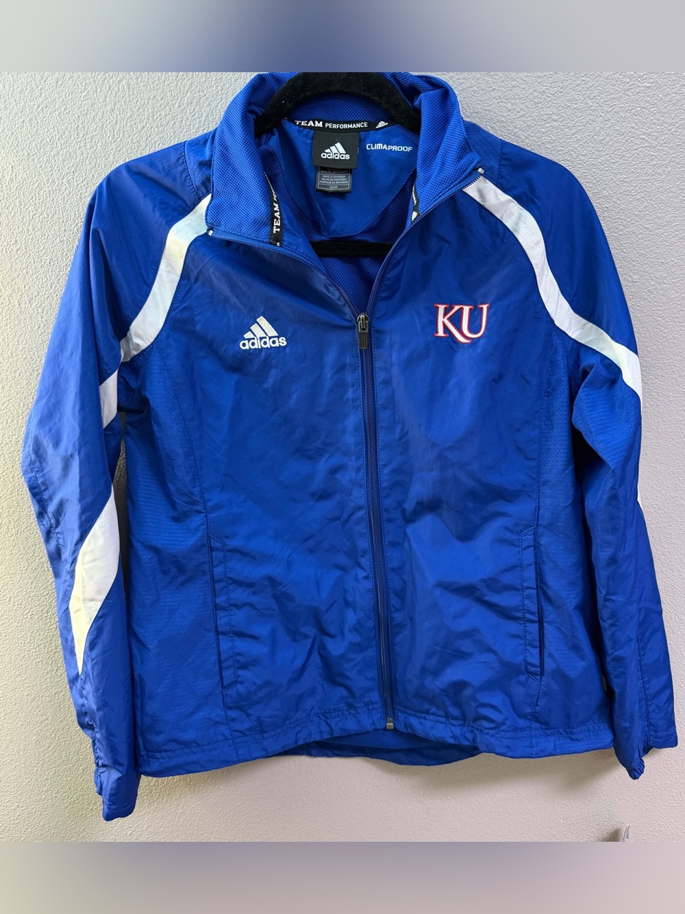 adidas Climaproof Kansas Jayhawks KU Blue & White Jacket Size S